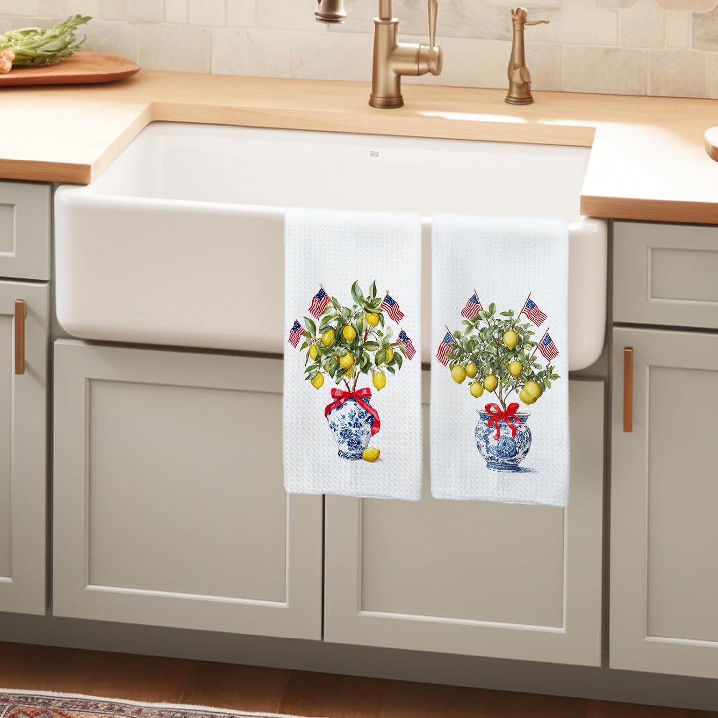Chinoiserie Lemon Patriotic Kitchen Towels, Patriotic Hand Towels, Lemon Dish Tea Towel for Kitchen, 4th of July Independence Day Decorative Hand Towel for Bathroom 16x24inch, Set of 2
