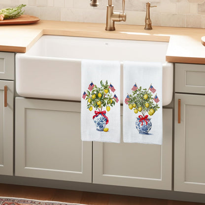 Chinoiserie Lemon Patriotic Kitchen Towels, Patriotic Hand Towels, Lemon Dish Tea Towel for Kitchen, 4th of July Independence Day Decorative Hand Towel for Bathroom 16x24inch, Set of 2