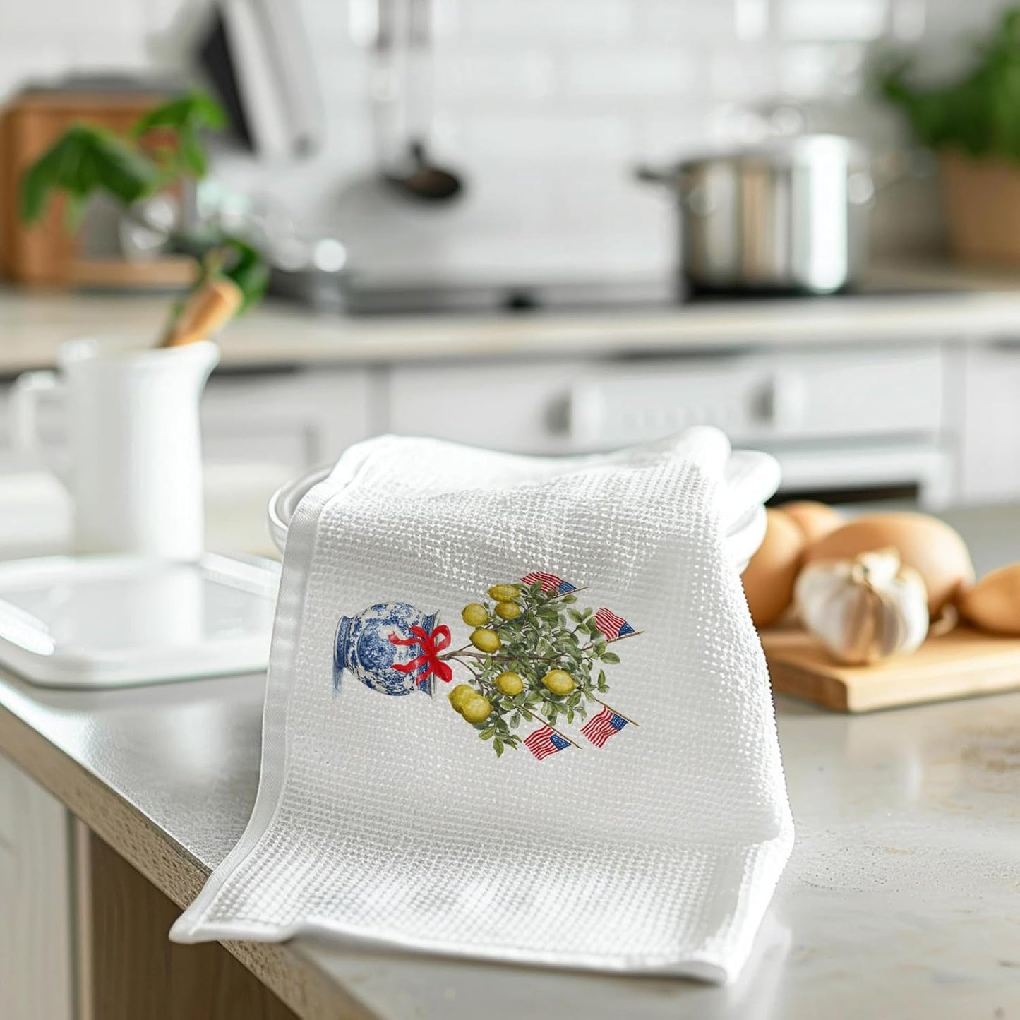 Chinoiserie Lemon Patriotic Kitchen Towels, Patriotic Hand Towels, Lemon Dish Tea Towel for Kitchen, 4th of July Independence Day Decorative Hand Towel for Bathroom 16x24inch, Set of 2