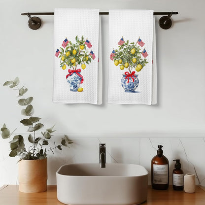 Chinoiserie Lemon Patriotic Kitchen Towels, Patriotic Hand Towels, Lemon Dish Tea Towel for Kitchen, 4th of July Independence Day Decorative Hand Towel for Bathroom 16x24inch, Set of 2