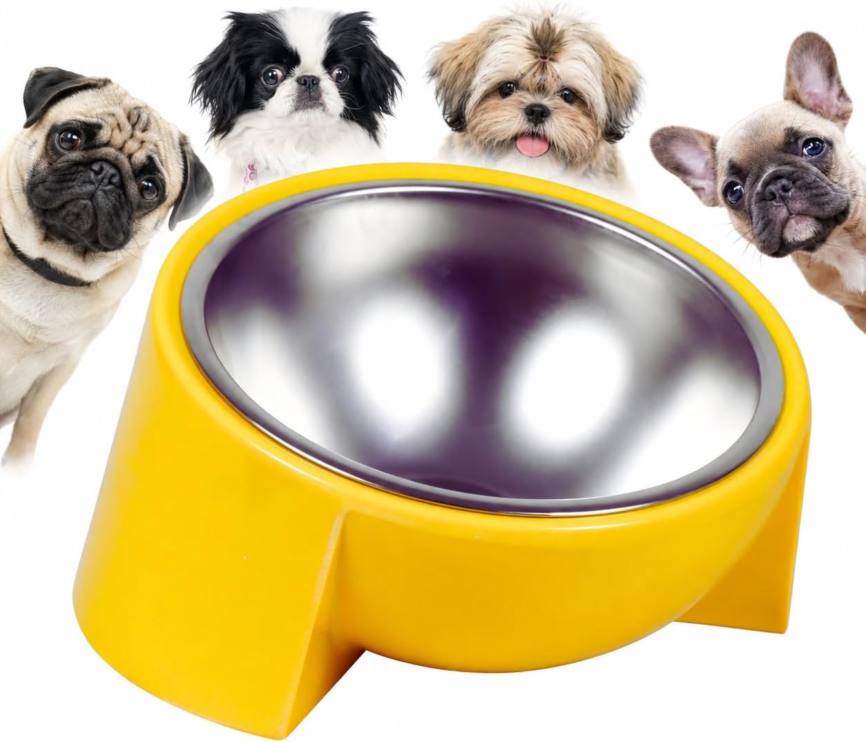 Tilted Dog Bowl for Flat-Faced & Senior Dogs, 15° Slanted Stainless Steel Dog Food Bowl, Elevated Pet Feeder for Small & Medium Dogs, Comfortable Eating Design (Yellow, M (420 ML / 1.5 Cups))