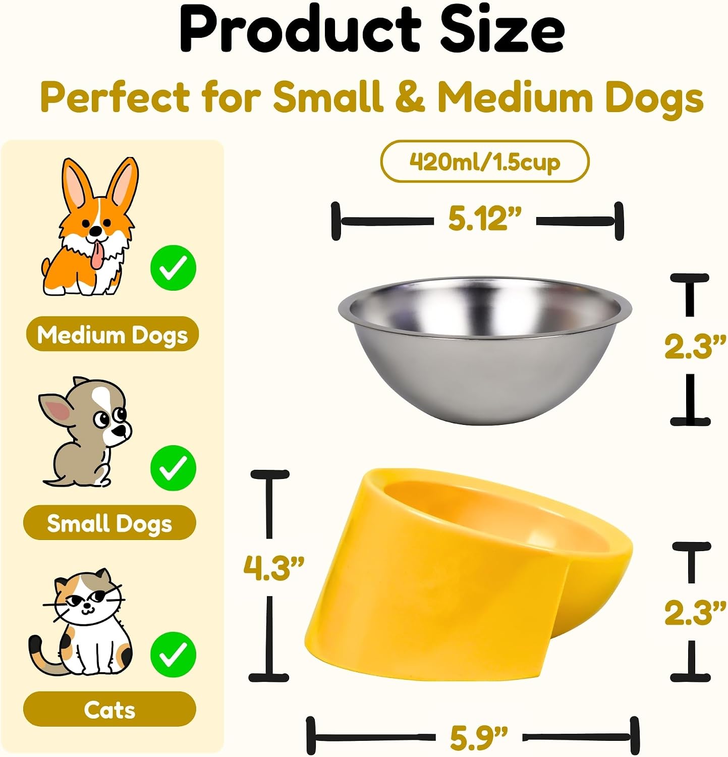 Tilted Dog Bowl for Flat-Faced & Senior Dogs, 15° Slanted Stainless Steel Dog Food Bowl, Elevated Pet Feeder for Small & Medium Dogs, Comfortable Eating Design (Yellow, M (420 ML / 1.5 Cups))