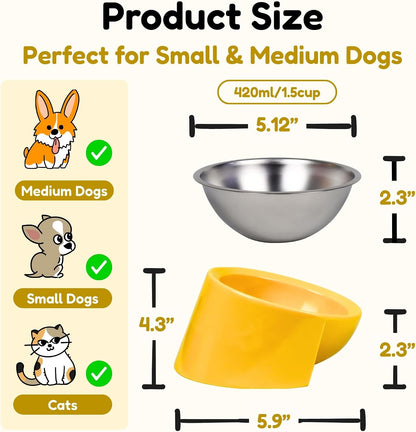 Tilted Dog Bowl for Flat-Faced & Senior Dogs, 15° Slanted Stainless Steel Dog Food Bowl, Elevated Pet Feeder for Small & Medium Dogs, Comfortable Eating Design (Yellow, M (420 ML / 1.5 Cups))