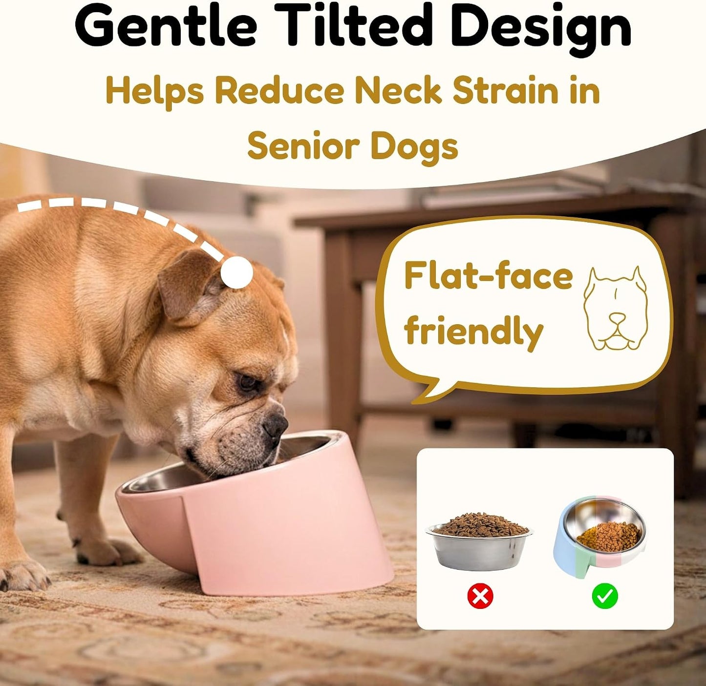 Tilted Dog Bowl for Flat-Faced & Senior Dogs, 15° Slanted Stainless Steel Dog Food Bowl, Elevated Pet Feeder for Small & Medium Dogs, Comfortable Eating Design (Yellow, M (420 ML / 1.5 Cups))