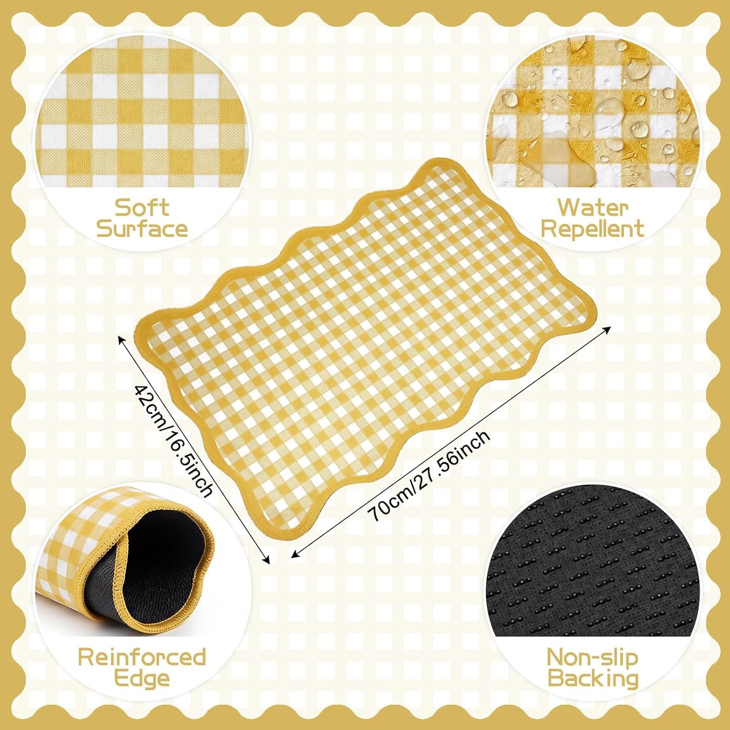 Yellow and White Scalloped Plaid Entryway Rug 16.5 x 27.5 Buffalo Checkered Indoor Mat Washable Non-Slip Gingham Door Rug for Entryway Entrance Bedroom Kitchen Living Room Decor