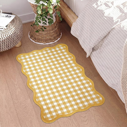 Yellow and White Scalloped Plaid Entryway Rug 16.5 x 27.5 Buffalo Checkered Indoor Mat Washable Non-Slip Gingham Door Rug for Entryway Entrance Bedroom Kitchen Living Room Decor