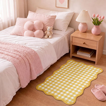 Yellow and White Scalloped Plaid Entryway Rug 16.5 x 27.5 Buffalo Checkered Indoor Mat Washable Non-Slip Gingham Door Rug for Entryway Entrance Bedroom Kitchen Living Room Decor