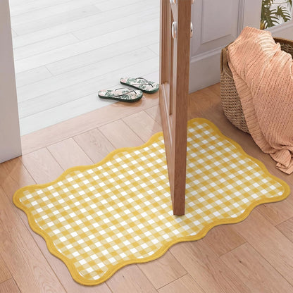 Yellow and White Scalloped Plaid Entryway Rug 16.5 x 27.5 Buffalo Checkered Indoor Mat Washable Non-Slip Gingham Door Rug for Entryway Entrance Bedroom Kitchen Living Room Decor