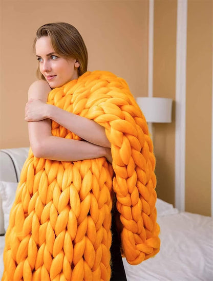 Chunky Knit Blanket Throw Handmade Premium Chenille Yarn for Couch & Bed Fall Decor Large Soft Comfy Cable Blankets & Throws Chenille Soft Knitted Blanket,Yellow,50x50cm/19x19in