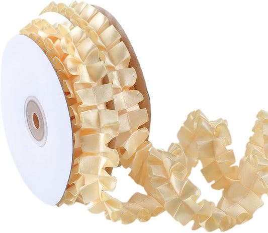 10 Yards Yellow Ruffle Ribbon Trim Pleated Fabric Satin Ribbons Vintage Double Sided Gathered Ruffled Edge Lace Applique Trimming for Sewing Making Crafts Wedding Home Decor Dresses Supply