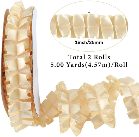 10 Yards Yellow Ruffle Ribbon Trim Pleated Fabric Satin Ribbons Vintage Double Sided Gathered Ruffled Edge Lace Applique Trimming for Sewing Making Crafts Wedding Home Decor Dresses Supply