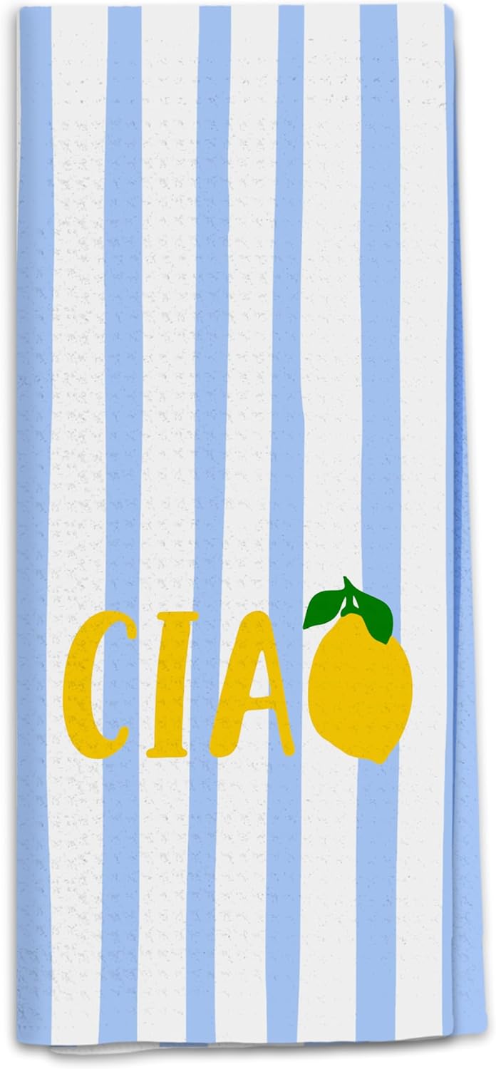 Trendy Italian Lemon Kitchen Towels, Lemon Gifts Dish Tea Towels for Kitchen, Blue and White Striped Italian Ciao Fruit Decorative Hand Towel for Bathroom, 16x24 Inch