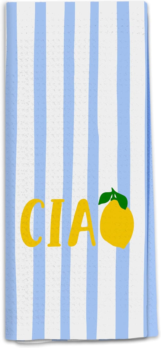 Trendy Italian Lemon Kitchen Towels, Lemon Gifts Dish Tea Towels for Kitchen, Blue and White Striped Italian Ciao Fruit Decorative Hand Towel for Bathroom, 16x24 Inch
