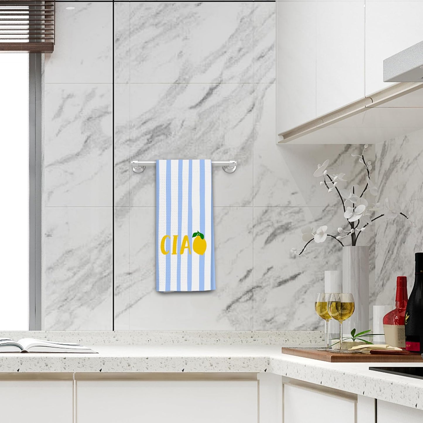 Trendy Italian Lemon Kitchen Towels, Lemon Gifts Dish Tea Towels for Kitchen, Blue and White Striped Italian Ciao Fruit Decorative Hand Towel for Bathroom, 16x24 Inch