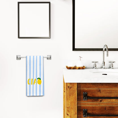 Trendy Italian Lemon Kitchen Towels, Lemon Gifts Dish Tea Towels for Kitchen, Blue and White Striped Italian Ciao Fruit Decorative Hand Towel for Bathroom, 16x24 Inch