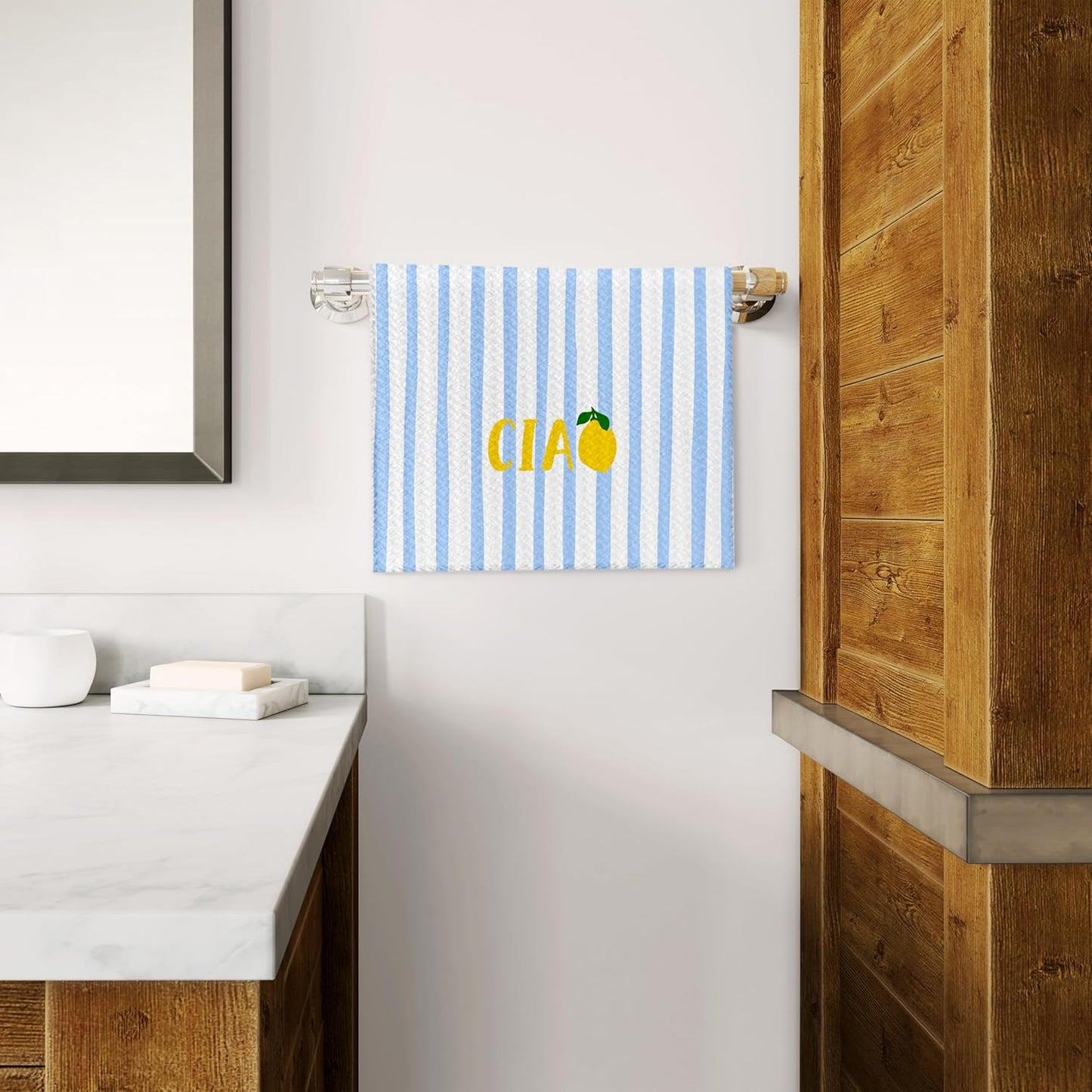 Trendy Italian Lemon Kitchen Towels, Lemon Gifts Dish Tea Towels for Kitchen, Blue and White Striped Italian Ciao Fruit Decorative Hand Towel for Bathroom, 16x24 Inch