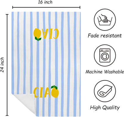 Trendy Italian Lemon Kitchen Towels, Lemon Gifts Dish Tea Towels for Kitchen, Blue and White Striped Italian Ciao Fruit Decorative Hand Towel for Bathroom, 16x24 Inch