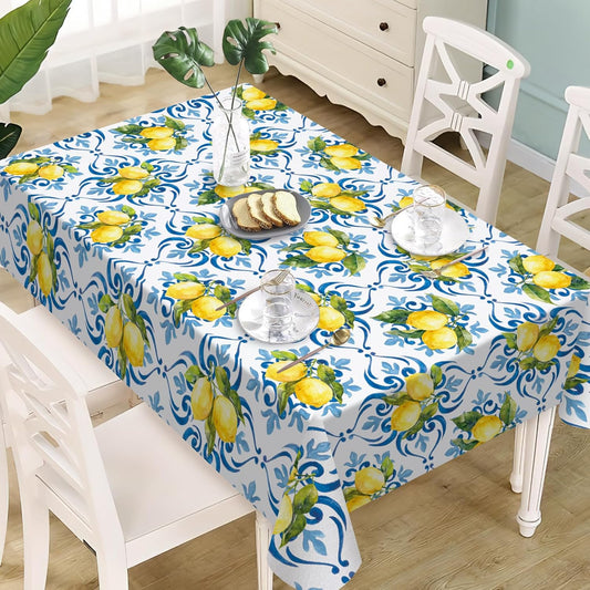 Blue Lemon Italy Tile Pattern Rectangle Tablecloth 60 x 84 Inches, Italian Amalfi Coast Citrus Decorative Dining Table Cloth, Summer Mediterranean Dinner Tablecover Picnic Party Decoration