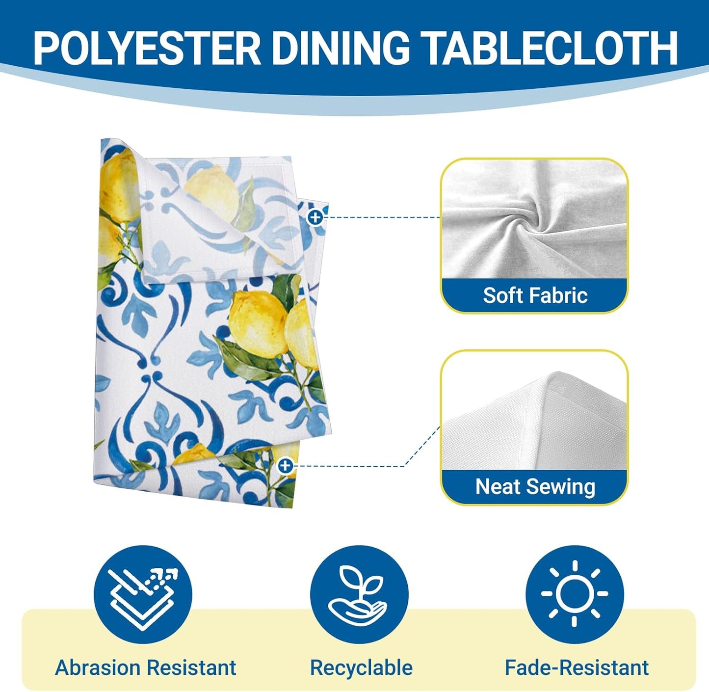 Blue Lemon Italy Tile Pattern Rectangle Tablecloth 60 x 84 Inches, Italian Amalfi Coast Citrus Decorative Dining Table Cloth, Summer Mediterranean Dinner Tablecover Picnic Party Decoration