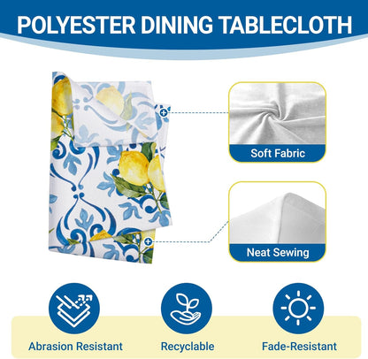 Blue Lemon Italy Tile Pattern Rectangle Tablecloth 60 x 84 Inches, Italian Amalfi Coast Citrus Decorative Dining Table Cloth, Summer Mediterranean Dinner Tablecover Picnic Party Decoration