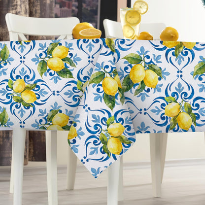 Blue Lemon Italy Tile Pattern Rectangle Tablecloth 60 x 84 Inches, Italian Amalfi Coast Citrus Decorative Dining Table Cloth, Summer Mediterranean Dinner Tablecover Picnic Party Decoration