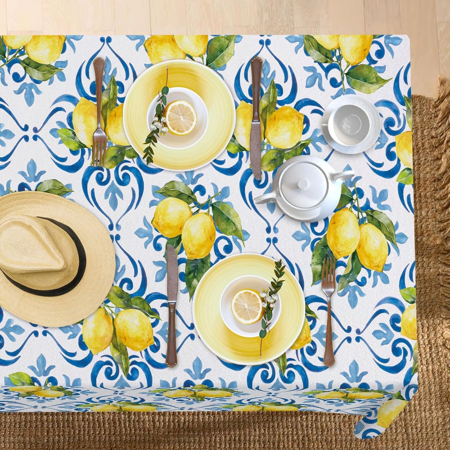 Blue Lemon Italy Tile Pattern Rectangle Tablecloth 60 x 84 Inches, Italian Amalfi Coast Citrus Decorative Dining Table Cloth, Summer Mediterranean Dinner Tablecover Picnic Party Decoration