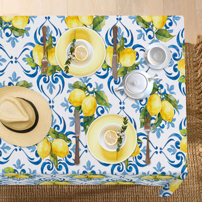 Blue Lemon Italy Tile Pattern Rectangle Tablecloth 60 x 84 Inches, Italian Amalfi Coast Citrus Decorative Dining Table Cloth, Summer Mediterranean Dinner Tablecover Picnic Party Decoration