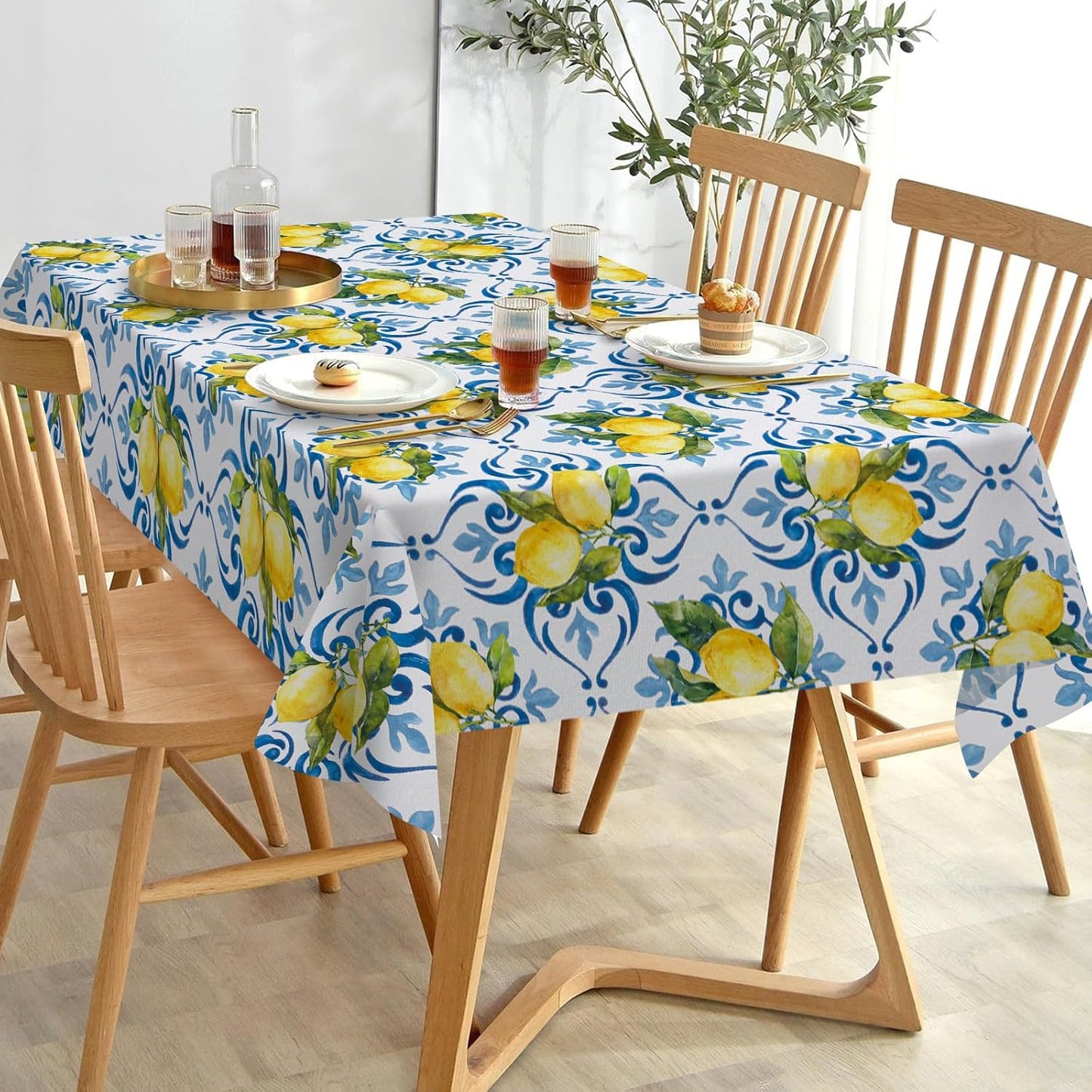 Blue Lemon Italy Tile Pattern Rectangle Tablecloth 60 x 84 Inches, Italian Amalfi Coast Citrus Decorative Dining Table Cloth, Summer Mediterranean Dinner Tablecover Picnic Party Decoration