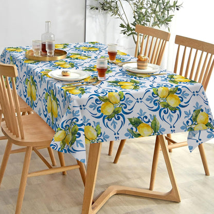 Blue Lemon Italy Tile Pattern Rectangle Tablecloth 60 x 84 Inches, Italian Amalfi Coast Citrus Decorative Dining Table Cloth, Summer Mediterranean Dinner Tablecover Picnic Party Decoration