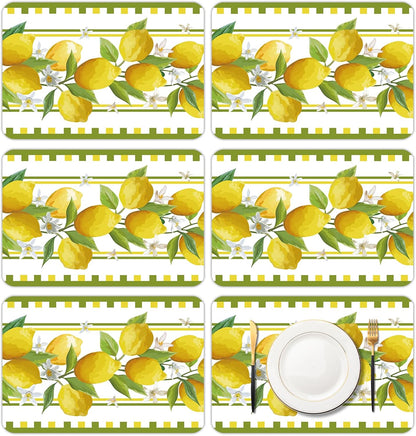 6 Pcs Lemon Plastic Placemats, 11x16 Inch Yellow Fruits Placemats Spring Seasonal Washable Table Mats for Wedding Baby Shower Birthday Party Kitchen Dining Decoration