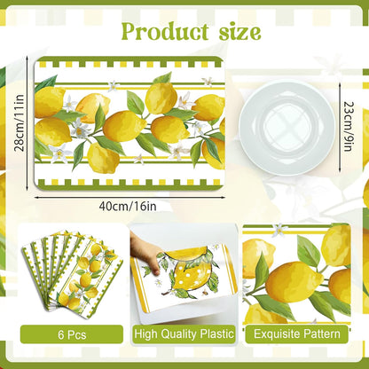 6 Pcs Lemon Plastic Placemats, 11x16 Inch Yellow Fruits Placemats Spring Seasonal Washable Table Mats for Wedding Baby Shower Birthday Party Kitchen Dining Decoration