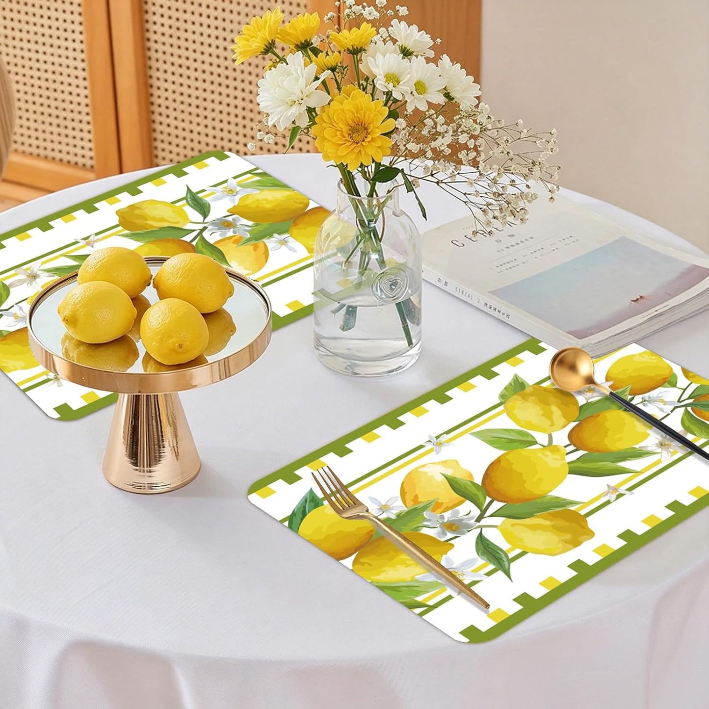 6 Pcs Lemon Plastic Placemats, 11x16 Inch Yellow Fruits Placemats Spring Seasonal Washable Table Mats for Wedding Baby Shower Birthday Party Kitchen Dining Decoration