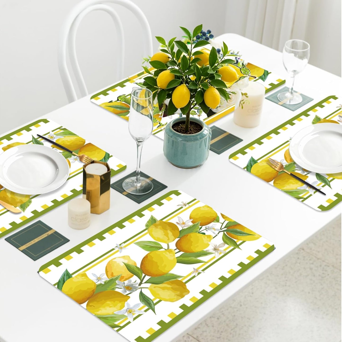6 Pcs Lemon Plastic Placemats, 11x16 Inch Yellow Fruits Placemats Spring Seasonal Washable Table Mats for Wedding Baby Shower Birthday Party Kitchen Dining Decoration