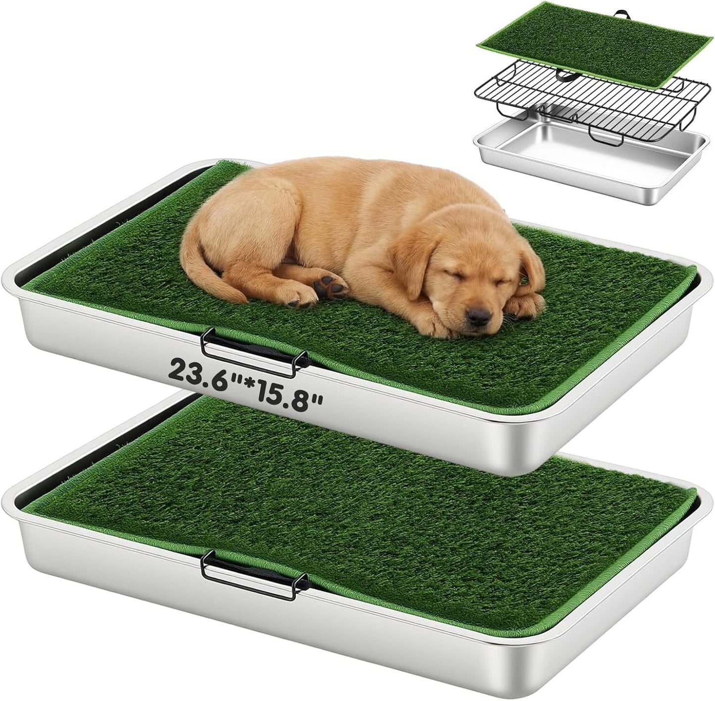 2 Sets 3 Layer Stainless Steel Dog Grass Pad with Tray, 23.6" x 15.8" Puppy Potty Tray with Artificial Grass Grate Grid Removable, Portable & Reusable Dog Litter Box for Indoor Outdoor Use