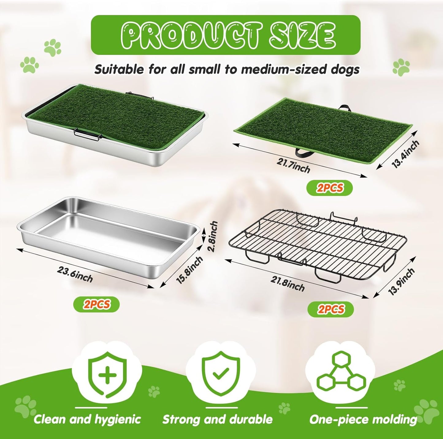 2 Sets 3 Layer Stainless Steel Dog Grass Pad with Tray, 23.6" x 15.8" Puppy Potty Tray with Artificial Grass Grate Grid Removable, Portable & Reusable Dog Litter Box for Indoor Outdoor Use