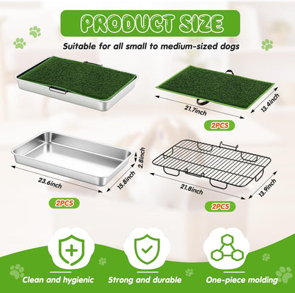 2 Sets 3 Layer Stainless Steel Dog Grass Pad with Tray, 23.6" x 15.8" Puppy Potty Tray with Artificial Grass Grate Grid Removable, Portable & Reusable Dog Litter Box for Indoor Outdoor Use