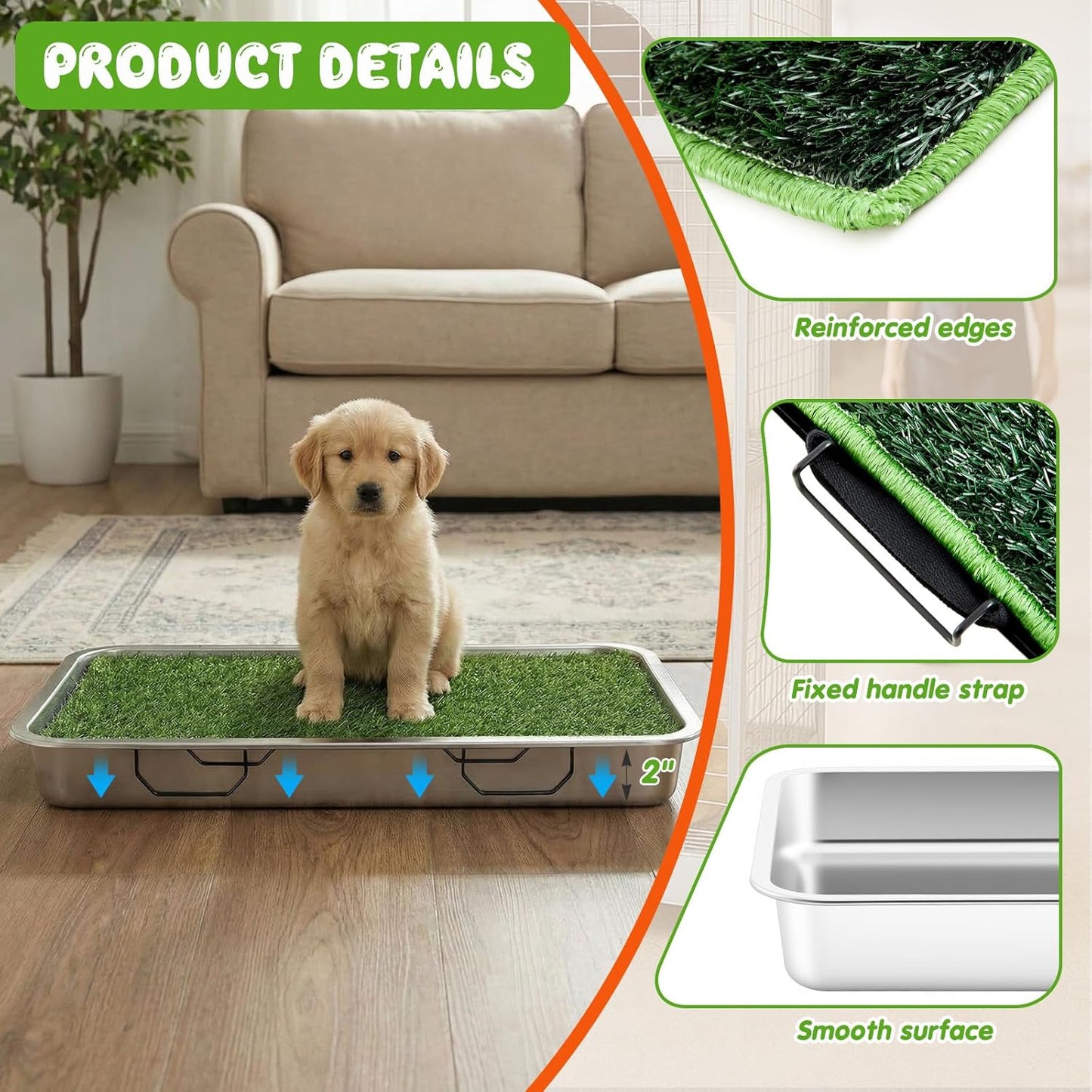 2 Sets 3 Layer Stainless Steel Dog Grass Pad with Tray, 23.6" x 15.8" Puppy Potty Tray with Artificial Grass Grate Grid Removable, Portable & Reusable Dog Litter Box for Indoor Outdoor Use