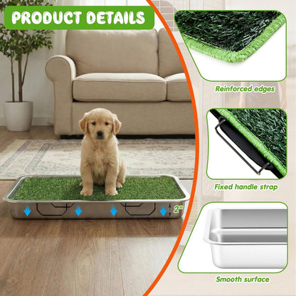 2 Sets 3 Layer Stainless Steel Dog Grass Pad with Tray, 23.6" x 15.8" Puppy Potty Tray with Artificial Grass Grate Grid Removable, Portable & Reusable Dog Litter Box for Indoor Outdoor Use