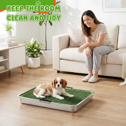 2 Sets 3 Layer Stainless Steel Dog Grass Pad with Tray, 23.6" x 15.8" Puppy Potty Tray with Artificial Grass Grate Grid Removable, Portable & Reusable Dog Litter Box for Indoor Outdoor Use