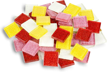 Mosaic Tiles 50 Pieces / 200 g Pack of Glitter Crystal Mosaic Tile Supplies for Home Decoration, DIY Crafts, Plates, Picture Frames, Flowerpots – 2x2 cm Square Tiles (Pink Yellow)