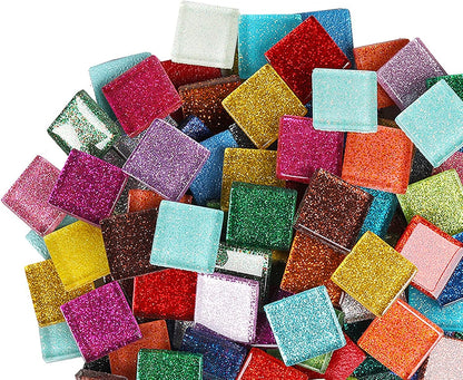 Mosaic Tiles 50 Pieces / 200 g Pack of Glitter Crystal Mosaic Tile Supplies for Home Decoration, DIY Crafts, Plates, Picture Frames, Flowerpots – 2x2 cm Square Tiles (Pink Yellow)