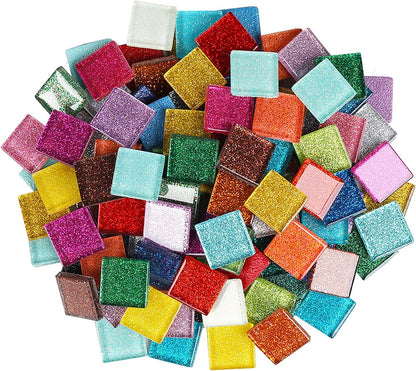 Mosaic Tiles 50 Pieces / 200 g Pack of Glitter Crystal Mosaic Tile Supplies for Home Decoration, DIY Crafts, Plates, Picture Frames, Flowerpots – 2x2 cm Square Tiles (Pink Yellow)