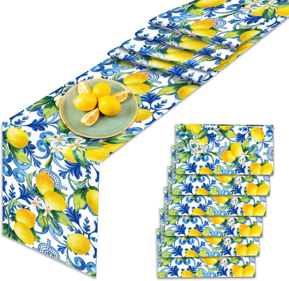 6 Pcs Plastic Blue Tiles Lemon Table Runners 14" x 108" Lemon Party Decoration Summer Blue Chinoiserie Linen Disposable Table Runner for Summer Disposable Table Runners