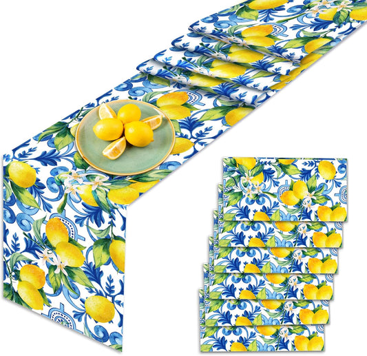 6 Pcs Plastic Blue Tiles Lemon Table Runners 14" x 108" Lemon Party Decoration Summer Blue Chinoiserie Linen Disposable Table Runner for Summer Disposable Table Runners