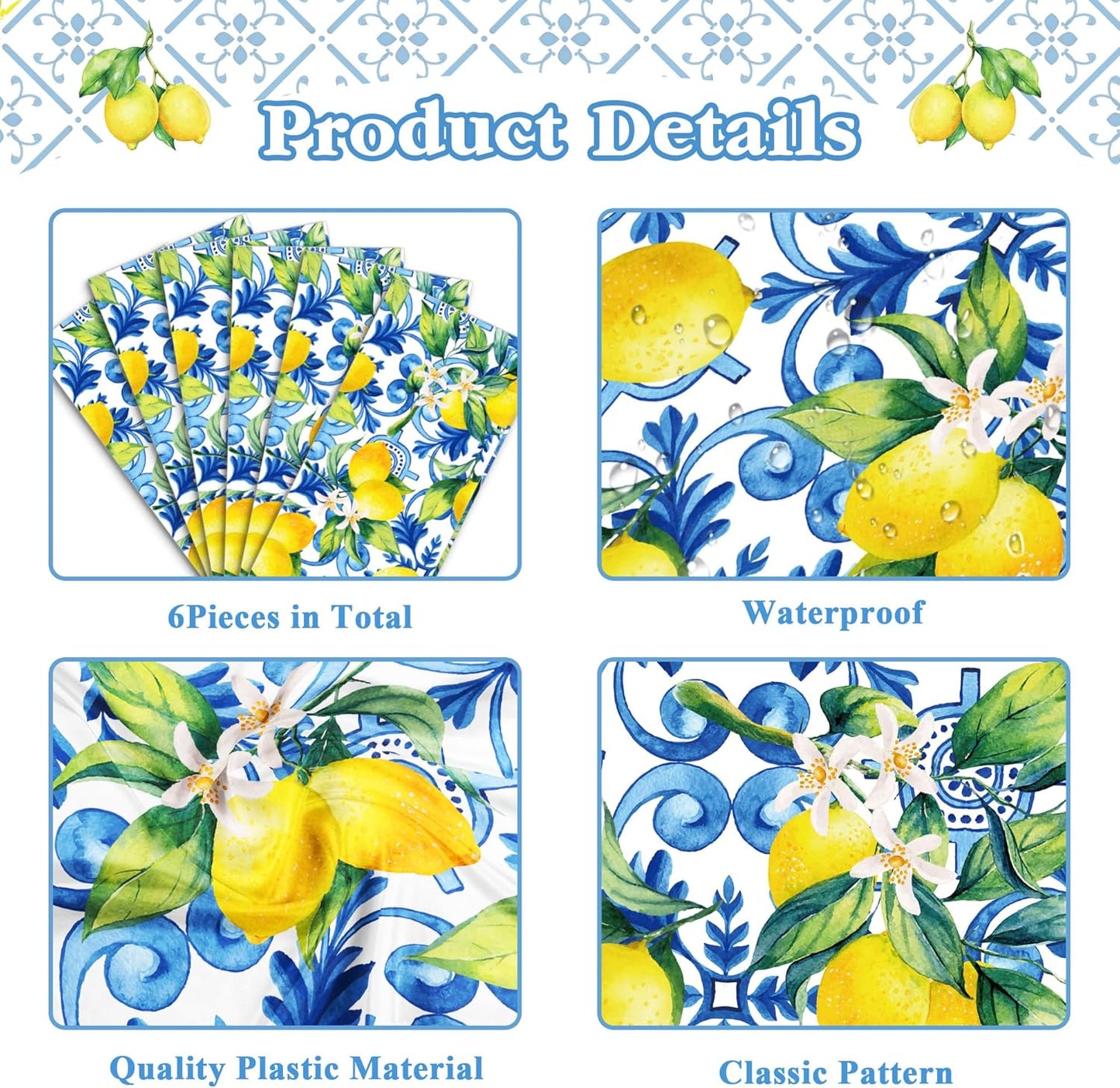 6 Pcs Plastic Blue Tiles Lemon Table Runners 14" x 108" Lemon Party Decoration Summer Blue Chinoiserie Linen Disposable Table Runner for Summer Disposable Table Runners