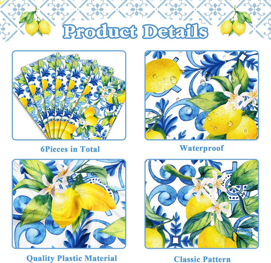 6 Pcs Plastic Blue Tiles Lemon Table Runners 14" x 108" Lemon Party Decoration Summer Blue Chinoiserie Linen Disposable Table Runner for Summer Disposable Table Runners