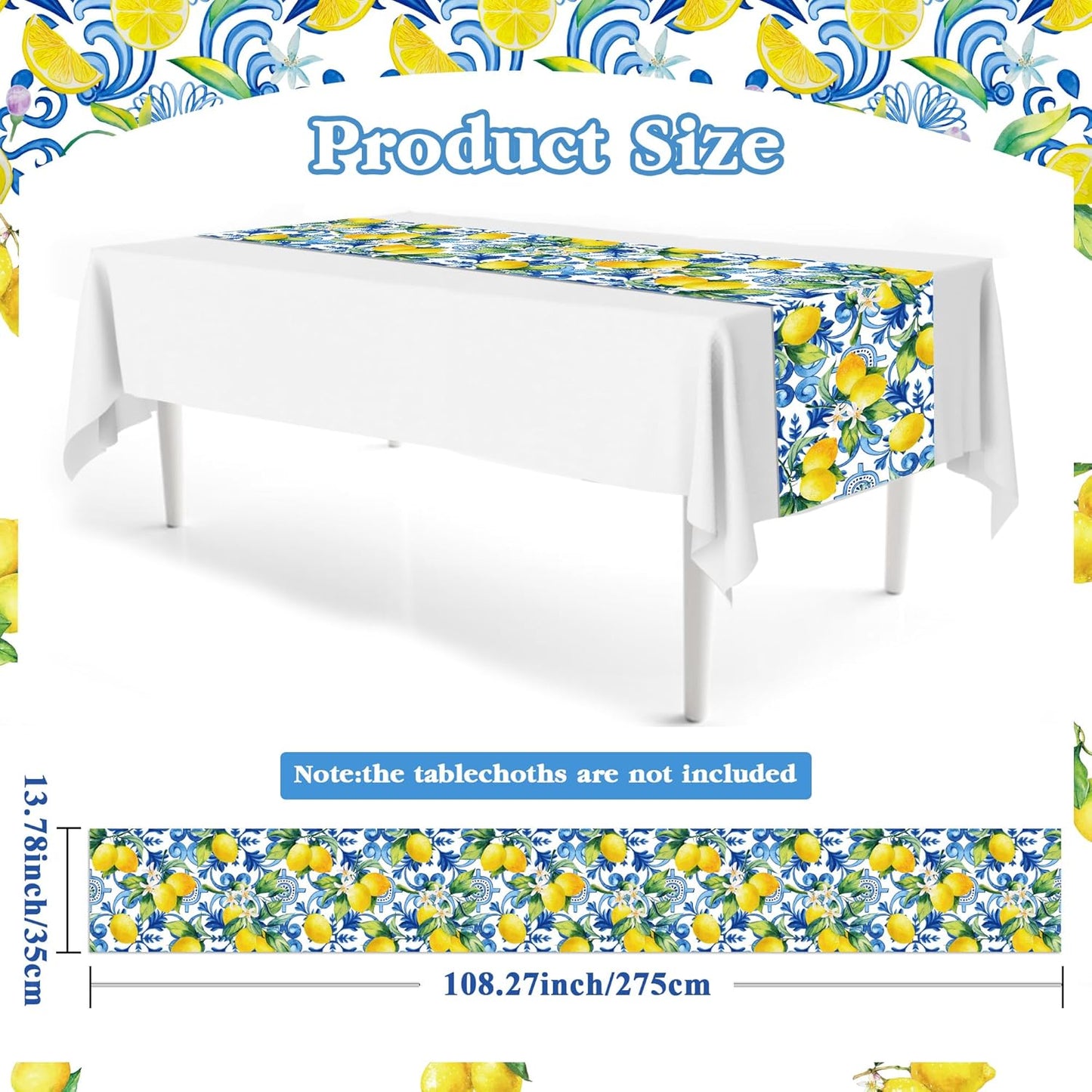 6 Pcs Plastic Blue Tiles Lemon Table Runners 14" x 108" Lemon Party Decoration Summer Blue Chinoiserie Linen Disposable Table Runner for Summer Disposable Table Runners