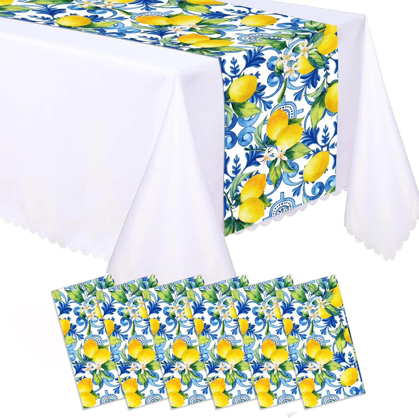 6 Pcs Plastic Blue Tiles Lemon Table Runners 14" x 108" Lemon Party Decoration Summer Blue Chinoiserie Linen Disposable Table Runner for Summer Disposable Table Runners