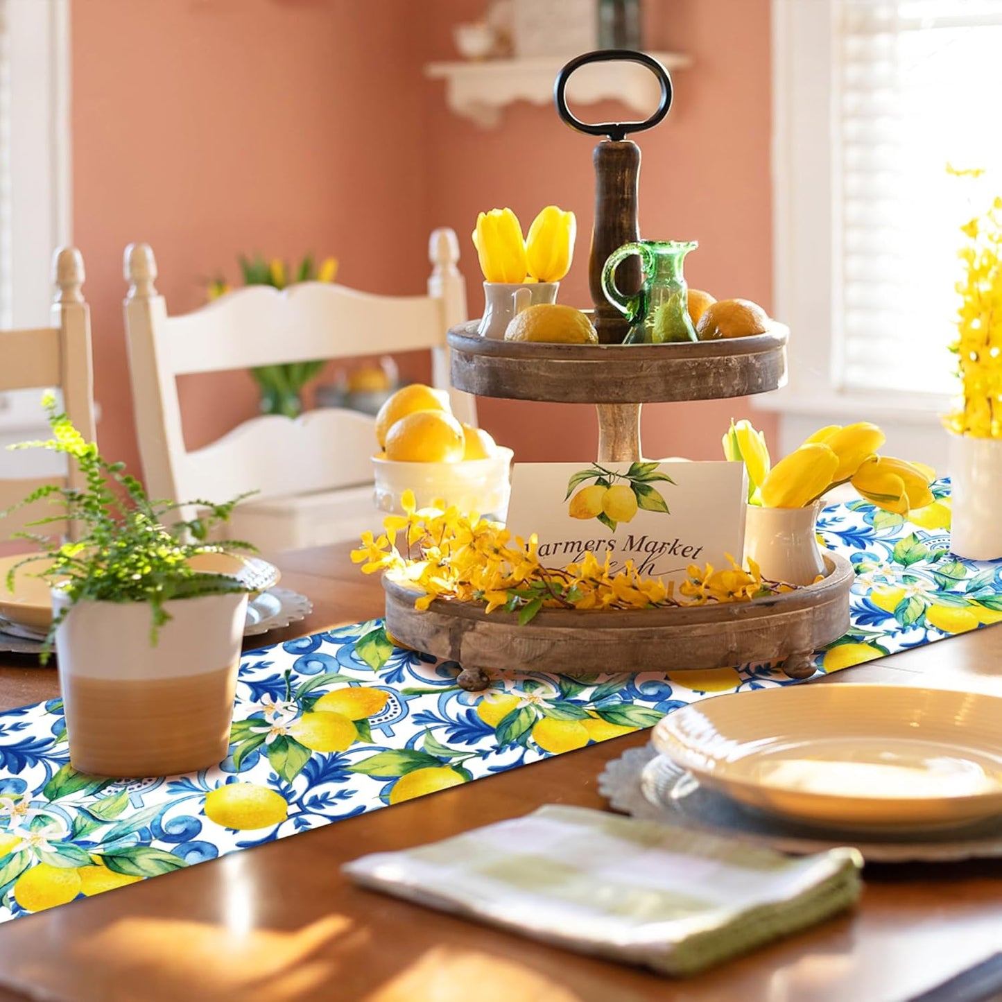 6 Pcs Plastic Blue Tiles Lemon Table Runners 14" x 108" Lemon Party Decoration Summer Blue Chinoiserie Linen Disposable Table Runner for Summer Disposable Table Runners