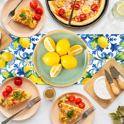 6 Pcs Plastic Blue Tiles Lemon Table Runners 14" x 108" Lemon Party Decoration Summer Blue Chinoiserie Linen Disposable Table Runner for Summer Disposable Table Runners